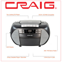 Load image into Gallery viewer, Craig CD6951-SL Portable Top-Loading CD Boombox with AM/FM Stereo Radio and Cassette Player/Recorder in Black and Silver | 6 Key Cassette Player/Recorder | LED Display
