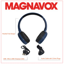 Load image into Gallery viewer, Magnavox MBH542-BL Bluetooth Wireless Foldable Stereo Headphones in Blue