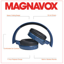 Load image into Gallery viewer, Magnavox MBH542-BL Bluetooth Wireless Foldable Stereo Headphones in Blue