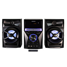 Load image into Gallery viewer, Magnavox MM441 CD Shelf System with FM Radio, Bluetooth, Blue Speaker Lights and Remote in Black
