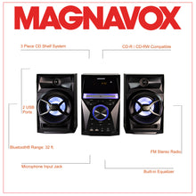 Load image into Gallery viewer, Magnavox MM441 CD Shelf System with FM Radio, Bluetooth, Blue Speaker Lights and Remote in Black