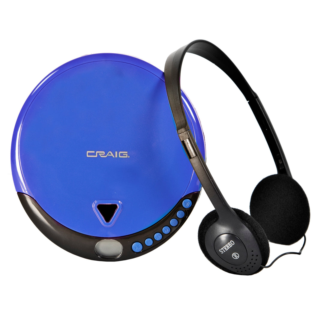 Craig CD2808-BL Personal CD Player with Headphones in Blue and Black | Portable and Programmable CD Player | CD/CD-R Compatible | Random and Repeat Playback Modes